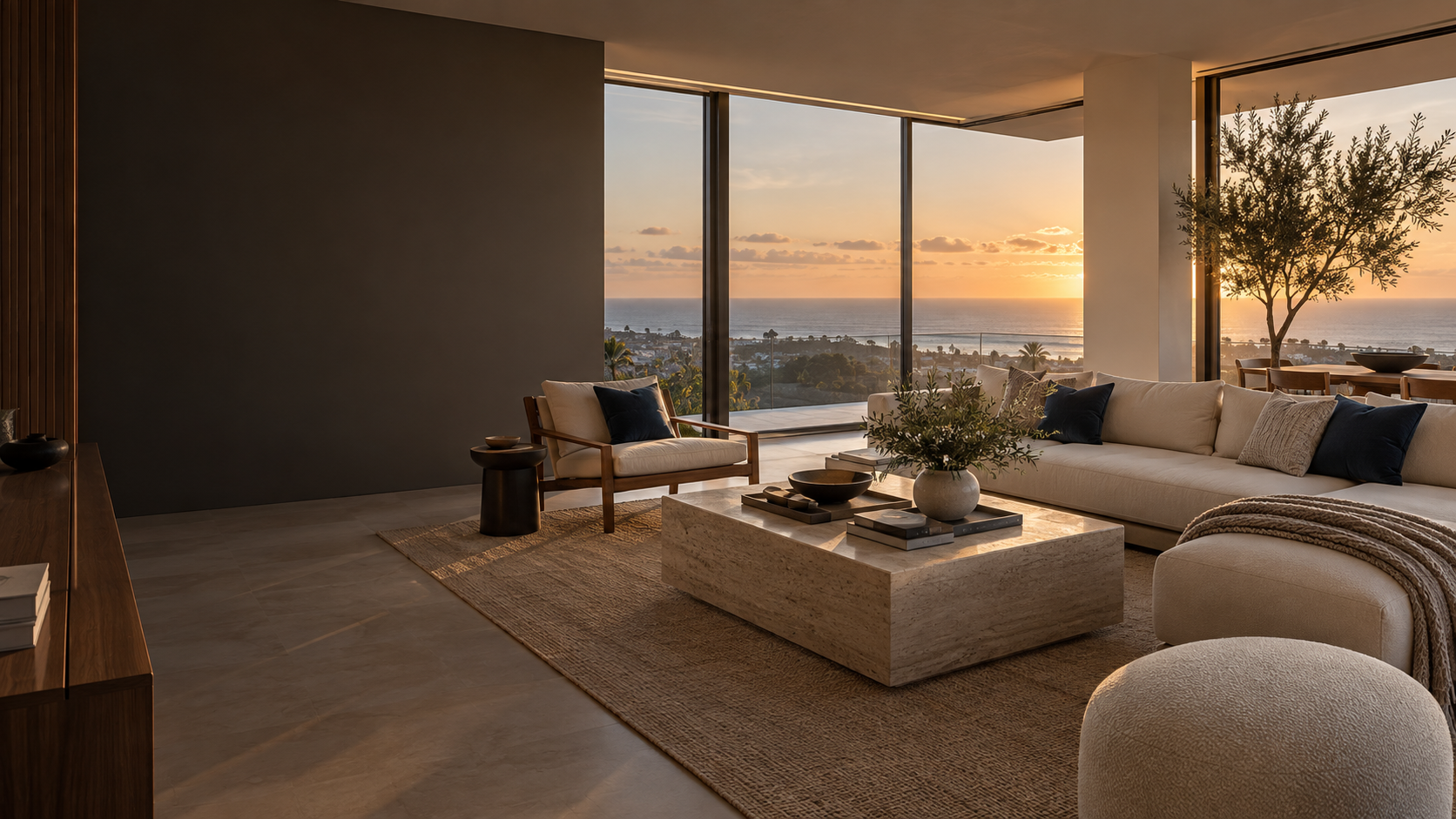 Refined coastal living room prepared for a comfortable furnished stay